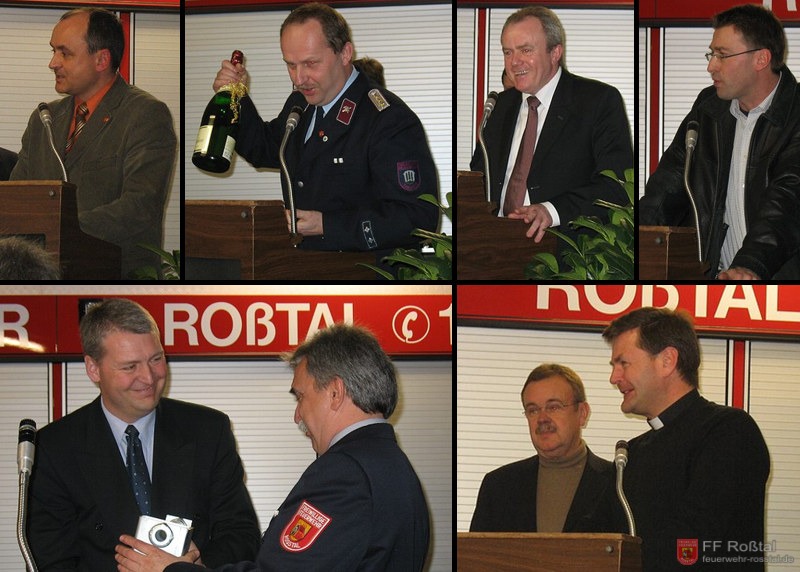 Bild 4 von 10 von links oben: Der B&uuml;rgermeister der Partnerstadt Thalheim Ren&eacute; K&uuml;hn und Wehrleiter Frank Nittmann, Herr Sulzer von der Raiffeisenbank Ro&szlig;tal, Herr Kern von der Sparkasse F&uuml;rth, Ralf Stini von der Fa. Jahn &uuml;bergibt ein Geschenk an Kdt. Reiner W. und die Pfarrer Seidel und Zellsperger